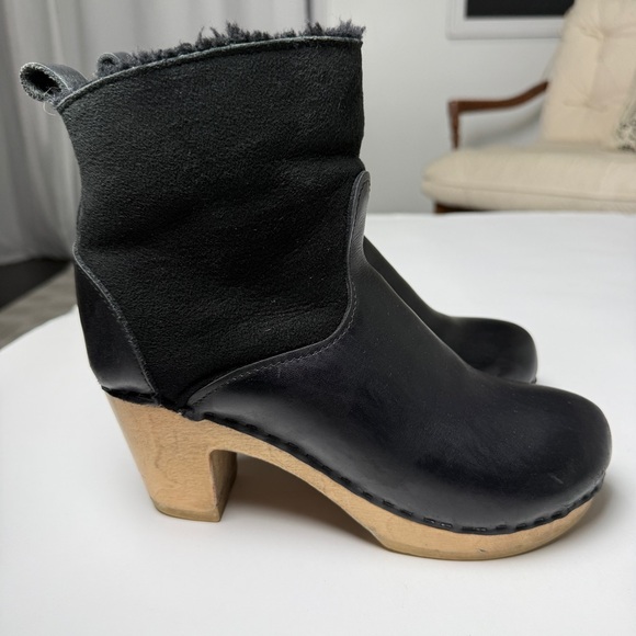 No. 6 Pull-on Shearling Wood Clog Boots on Mid Heel Black Suede Women's 39 8.5 - Picture 3 of 11
